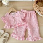 Babygirl Summer White Cute Embroidery Top With Ruffle Hem And Pants Outfit Set