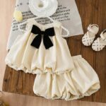 LMoss 2pcs Baby Girls' Solid Woven Patchwork Bow Decor Sleeveless Top And Shorts Set Cute Matching Outfit